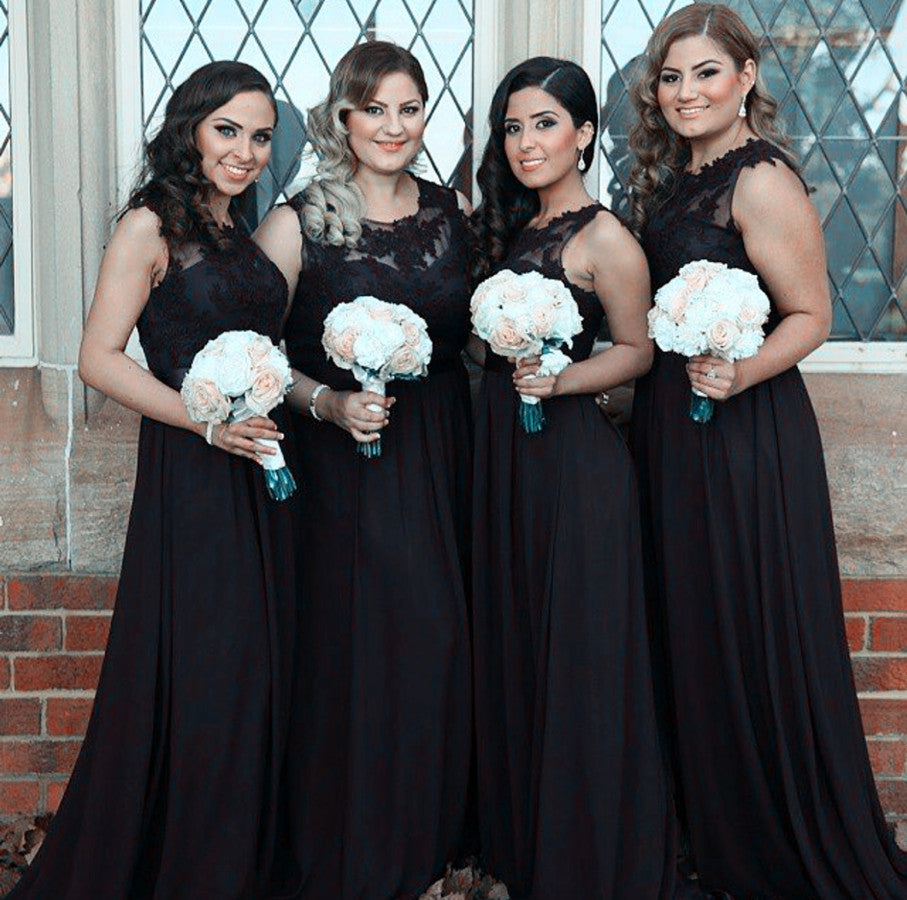 Lace Appliques Scoop Neck Long Chiffon Bridesmaid Dresses – alinanova