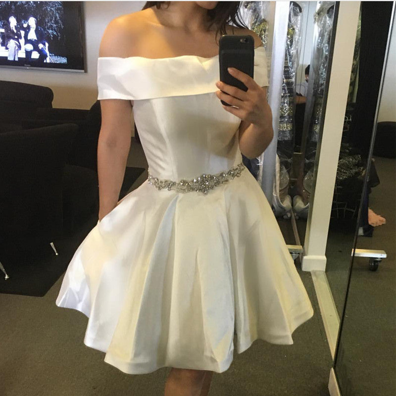 white satin off the shoulder dress