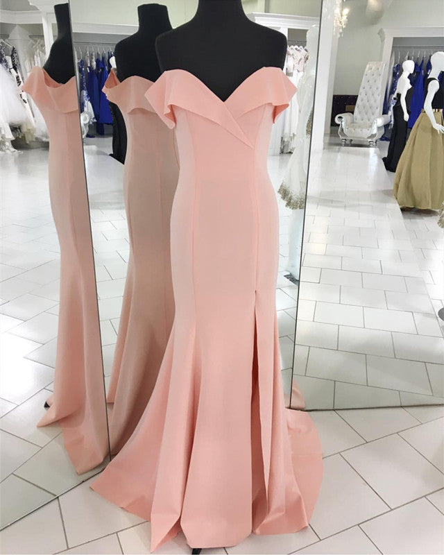 Pretty Blush Pink Mermaid V Neck Off Shoulder Prom Dresses Long Alinanova 