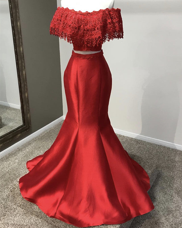 two piece off the shoulder mermaid prom dress