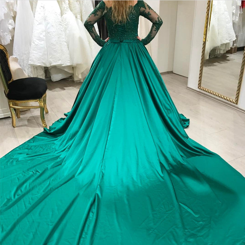 Green Lace Long Sleeves Satin Prom Dresses Ball Gowns – alinanova