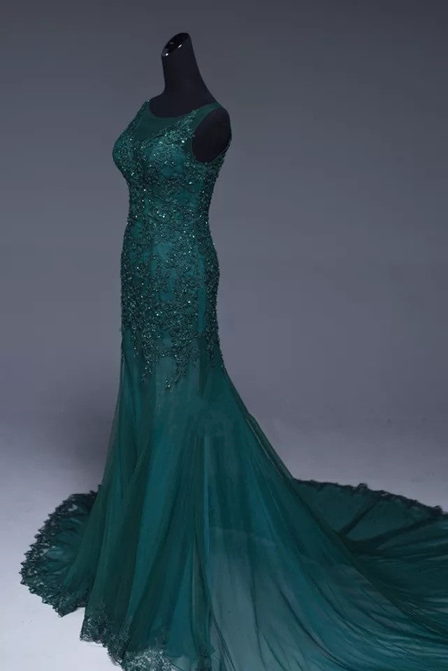 Emerald Green Evening Dresses Mermaid Lace Appliques Prom Gowns 2018 ...