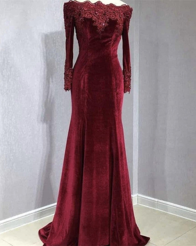 long sleeve red velvet gown