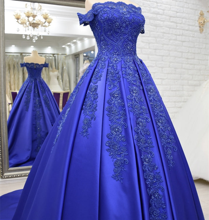 Satin Evening Dresses Lace Off Shoulder Prom Ball Gowns – alinanova