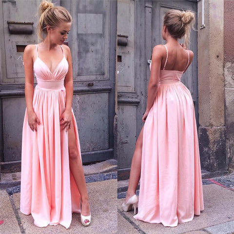 vestidos split leg prom sexy dresses satin dress estilosos neck pink tweet