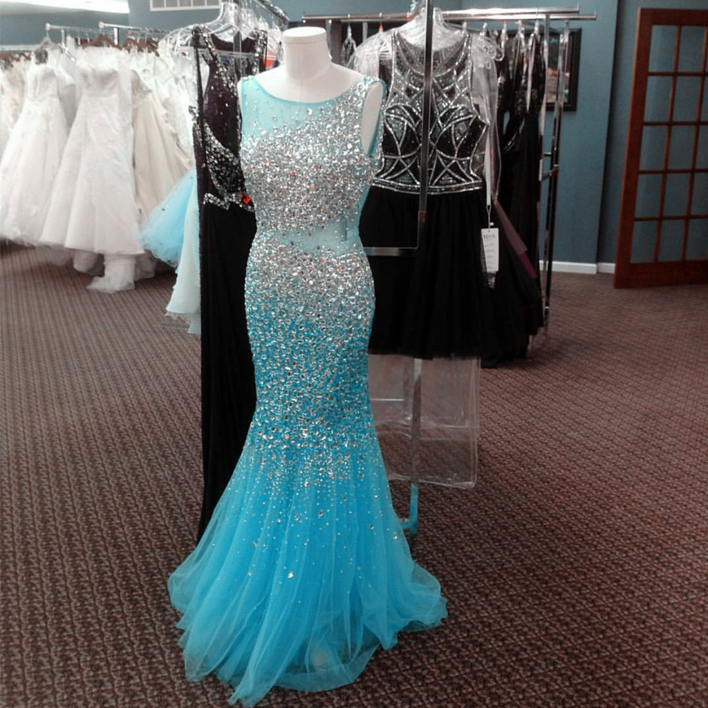 Mint Green Ice Blue Mermaid Evening Dresses Crystal Beaded Prom Gowns ...