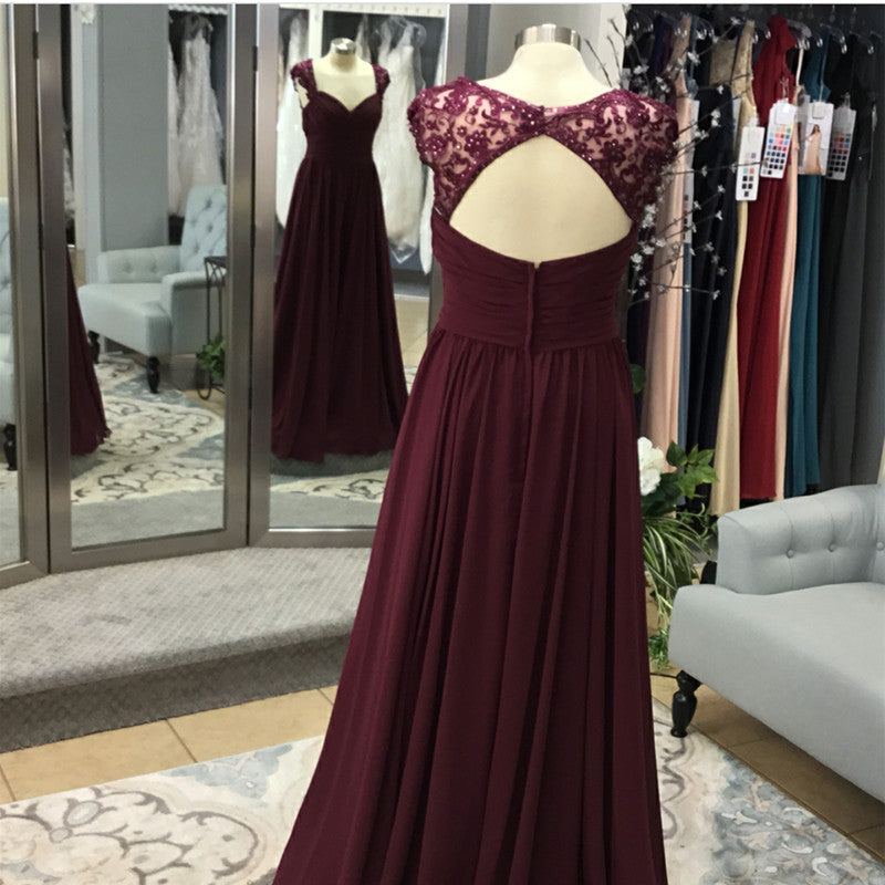 Elegant Long Chiffon Backless Bridesmaid Dresses Lace Cap Sleeves ...