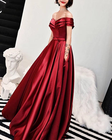 Sexy Off Shoulder Long Satin Prom Dresses With Pocket – alinanova