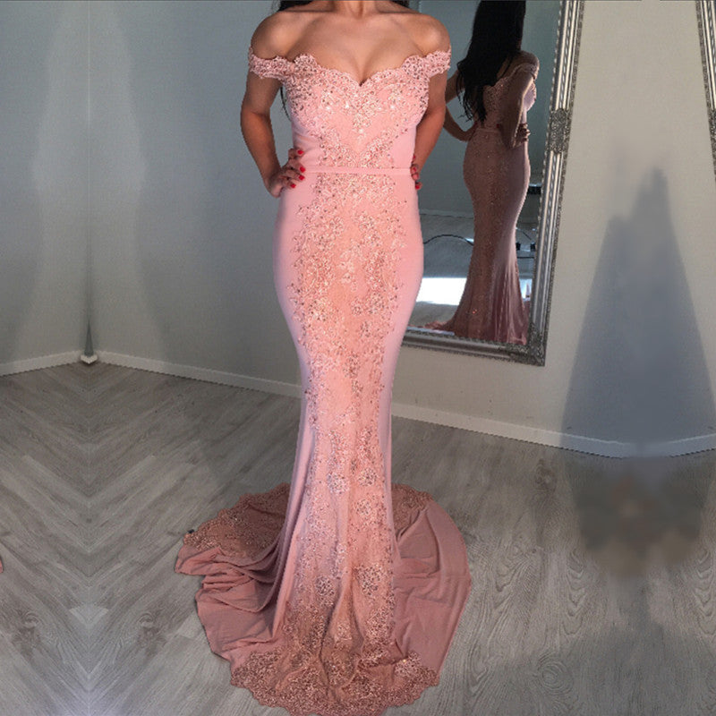 pink off the shoulder mermaid dress