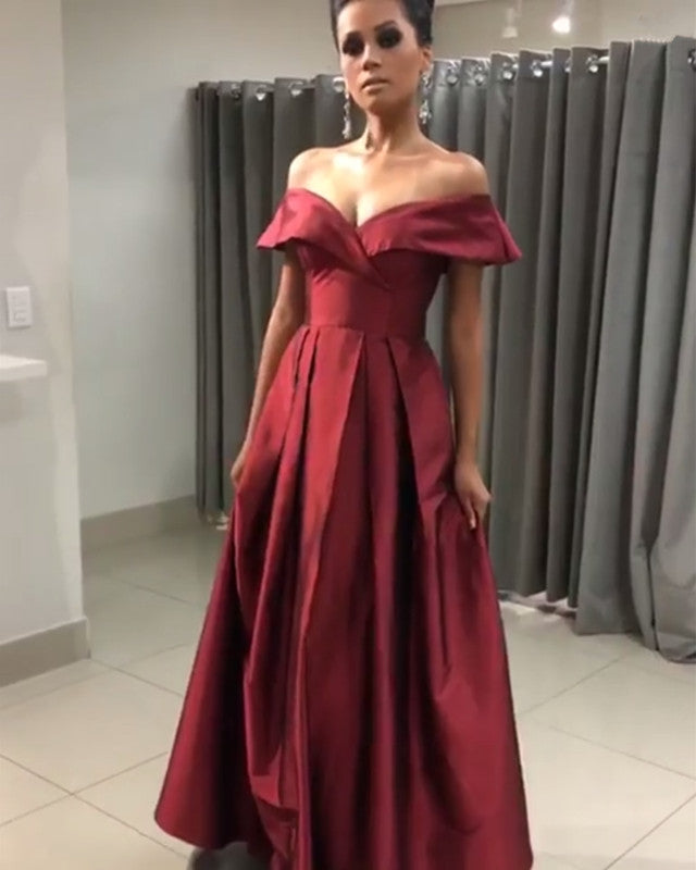 Sexy Off The Shoulder Long Satin Prom Dresses V Neck