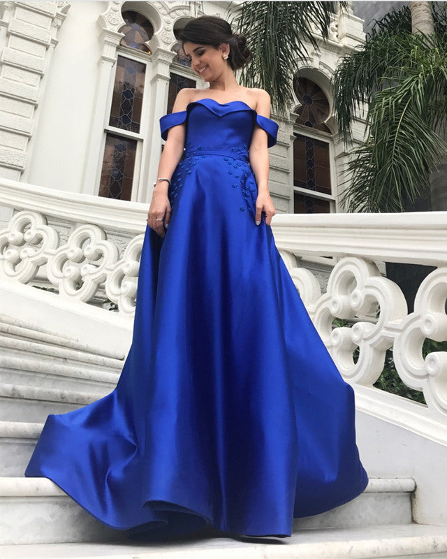 royal blue off the shoulder long dress