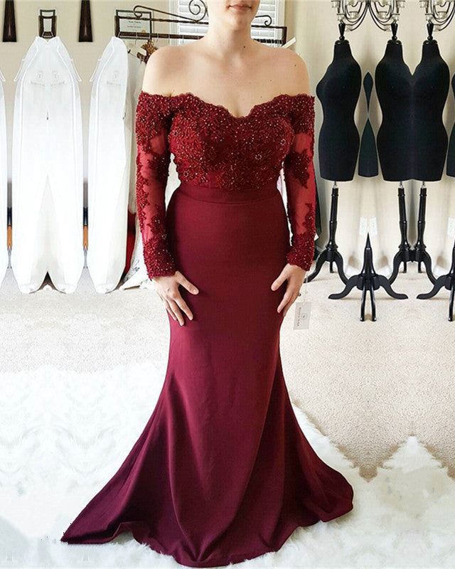 burgundy long sleeve mermaid dress