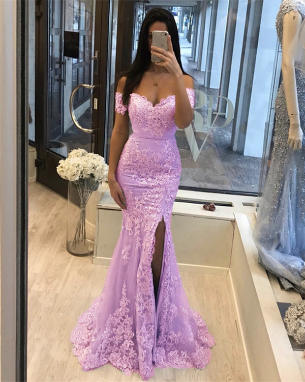 Sexy Mermaid Slit Dress Lace Off The Shoulder Prom Gowns Alinanova 