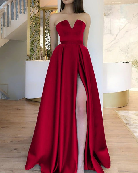 Strapless Prom Dress Floor Length Satin Evening Gown With Slit – alinanova