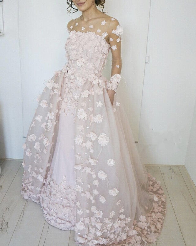 Blush Pink Tulle Ball Gown Prom Dresses Long Sleeves With 3D Flowers ...