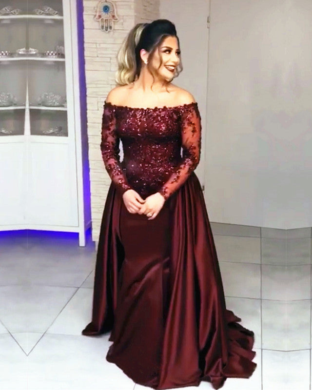 maroon lace long sleeve prom dress