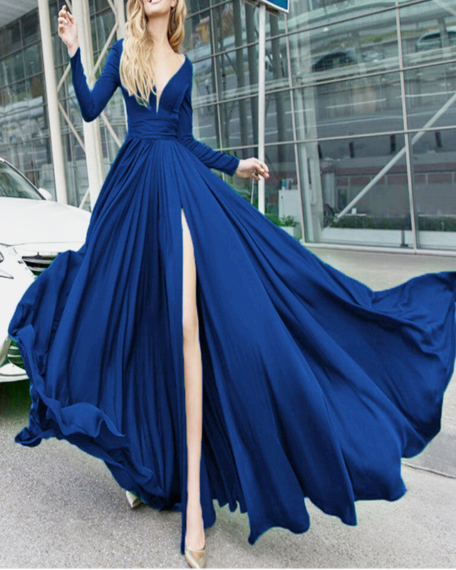 navy evening gowns with sleeves