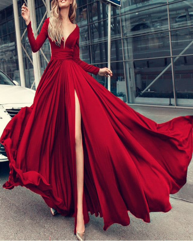 Long Sleeves Prom Dresses V Neck Chiffon Split Evening Gowns 2019 Alinanova 