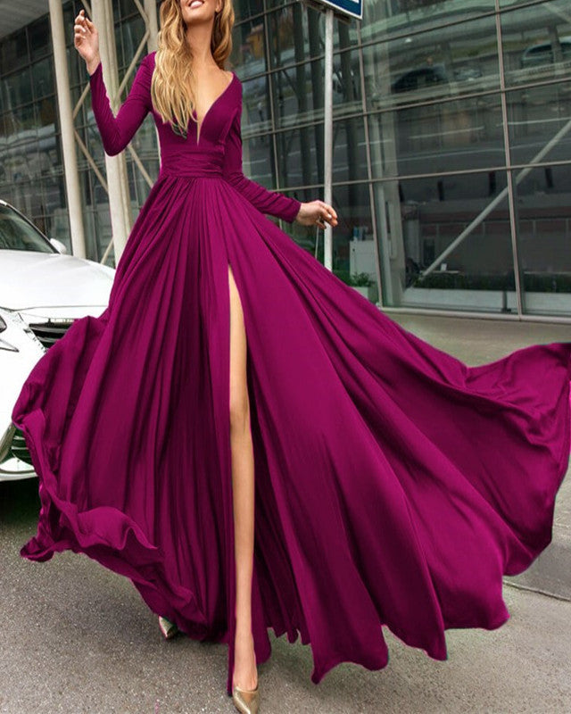 Long Sleeves Prom Dresses V-neck Chiffon Split Evening Gowns 2019 ...