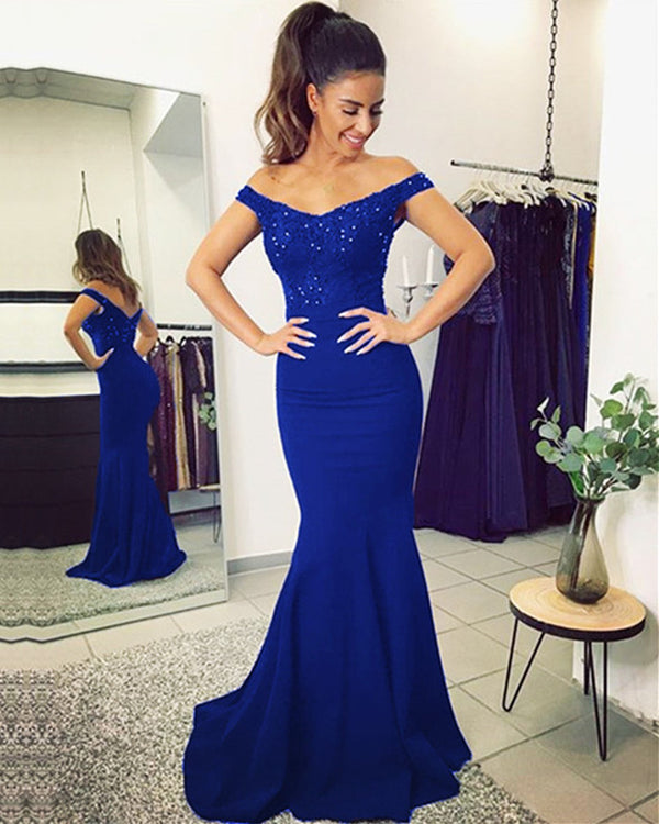 Mermaid Off Shoulder Bridesmaid Dresses Appliques Train Alinanova 