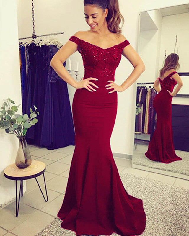 maroon off the shoulder bridesmaid dress