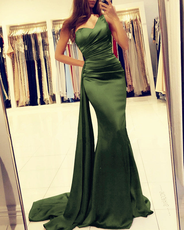 olive green satin prom dress