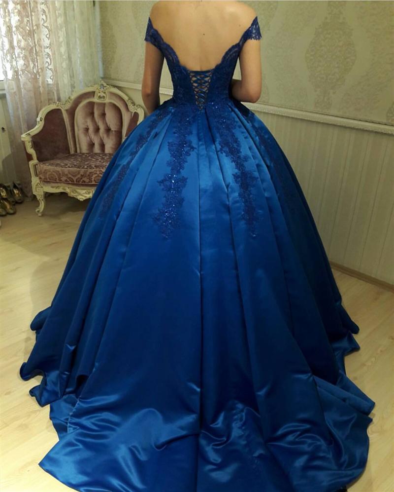 Royal Blue Satin Ball Gowns Quinceanera Dresses V Neck Off-the-shoulde ...
