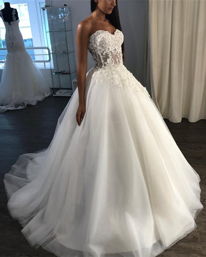 See Through Corset Wedding Dress Tulle Appliques Ball Gown For Bride ...