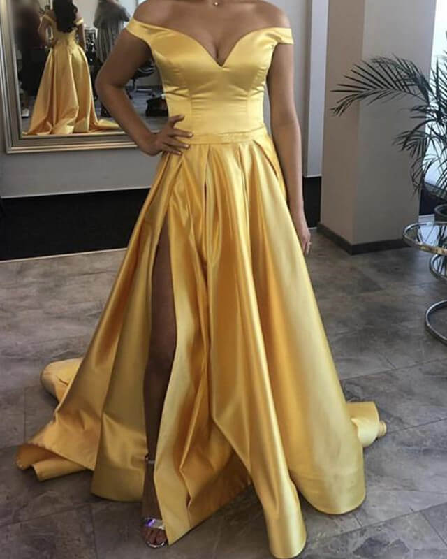 Yellow Prom Dresses Off Shoulder Satin Evening Gowns Leg Slit Alinanova 6877