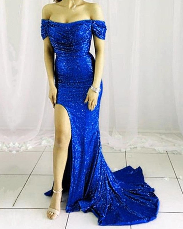 Royal Blue Mermaid Prom Dresses Sequin Off Shoulder With Split Alinanova 