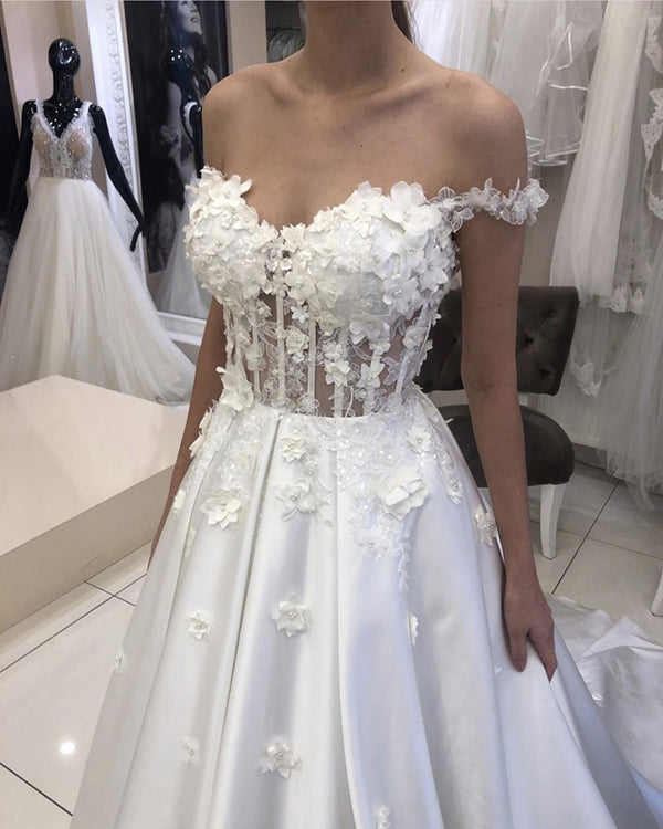 Sheer Bodice Satin Wedding Dress Off Shoulder – alinanova