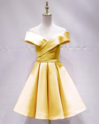Short Yellow Satin Homecoming Dresses Off Shoulder – alinanova