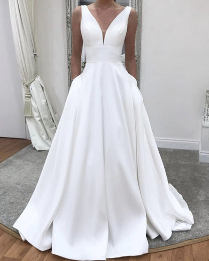 Simple Wedding Dresses A Line V Neck Satin Gown – alinanova