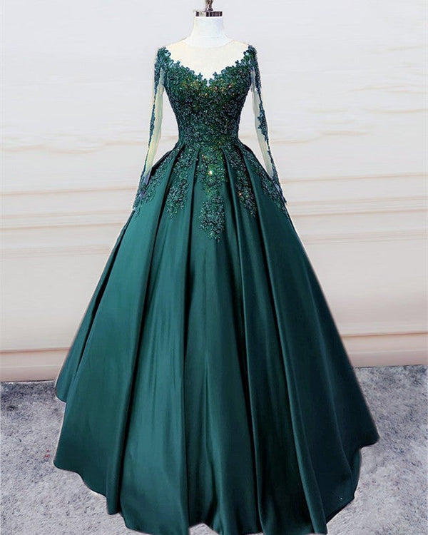 Stunning Ball Gown Prom Satin Dress Lace Sleeved – alinanova