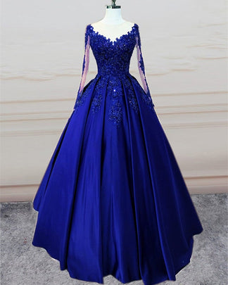 Stunning Ball Gown Prom Satin Dress Lace Sleeved – alinanova