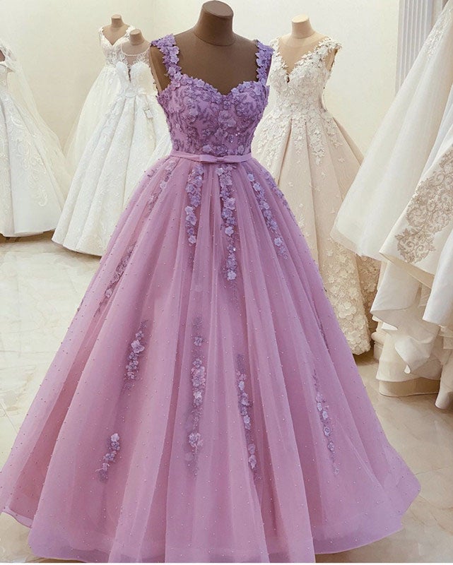 Tulle Prom Dresses Ball Gown Lace Flowers Sweetheart Straps – alinanova