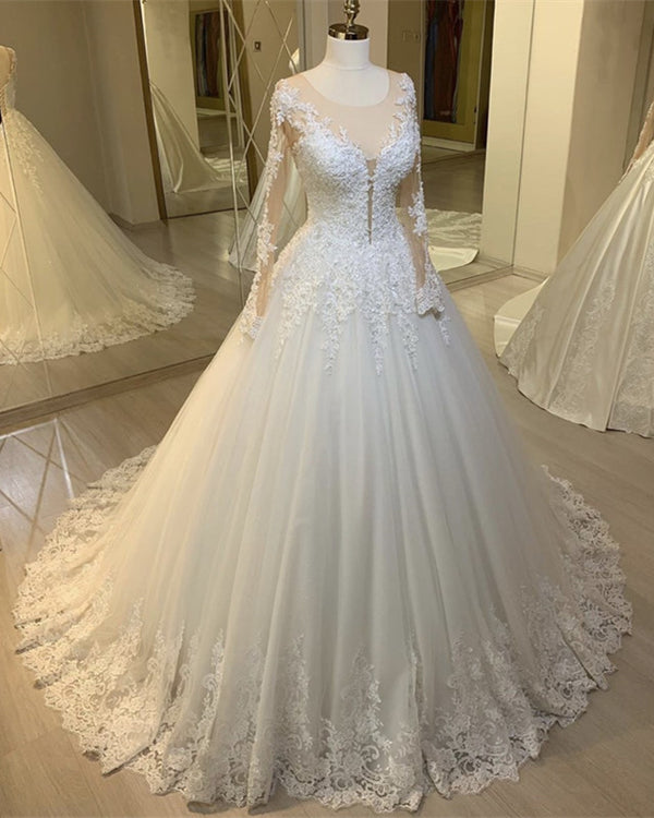 Vintage Wedding Dresses Tulle Ball Gown Lace Long Sleeves – alinanova