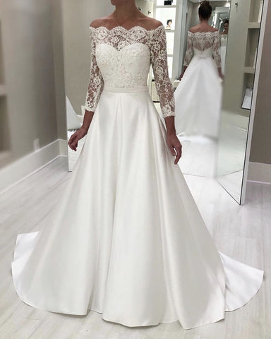 A Line Satin Off Shoulder Wedding Dresses With Lace Sleeves – alinanova