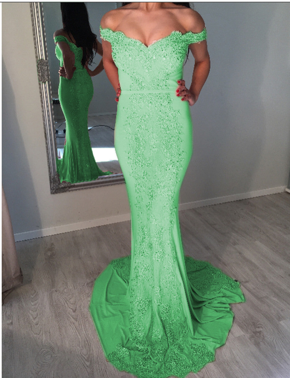 Sexy Off Shoulder Mermaid Prom Dresses Appliques Alinanova 8659