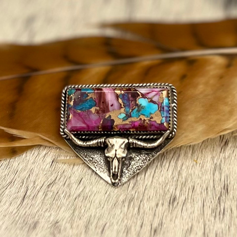 Purple Dahlia Kingman Turquoise bar with longhorn bull