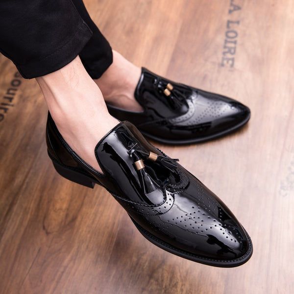 glossy black loafers