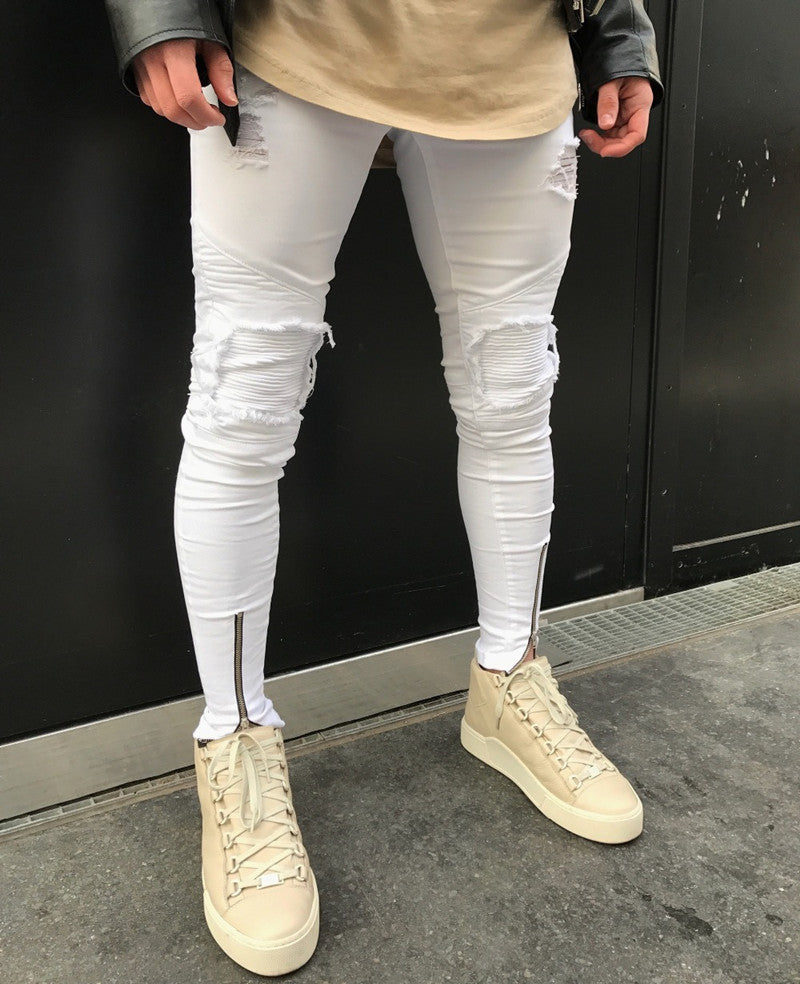 Ripped Pleated Men White Skinny Jeans 