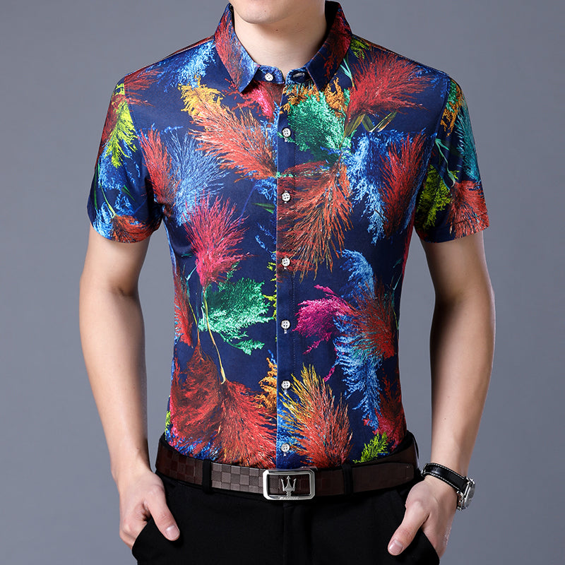 Colorful Abstract Print Men Short Sleeves Slim Fit Shirt – FanFreakz
