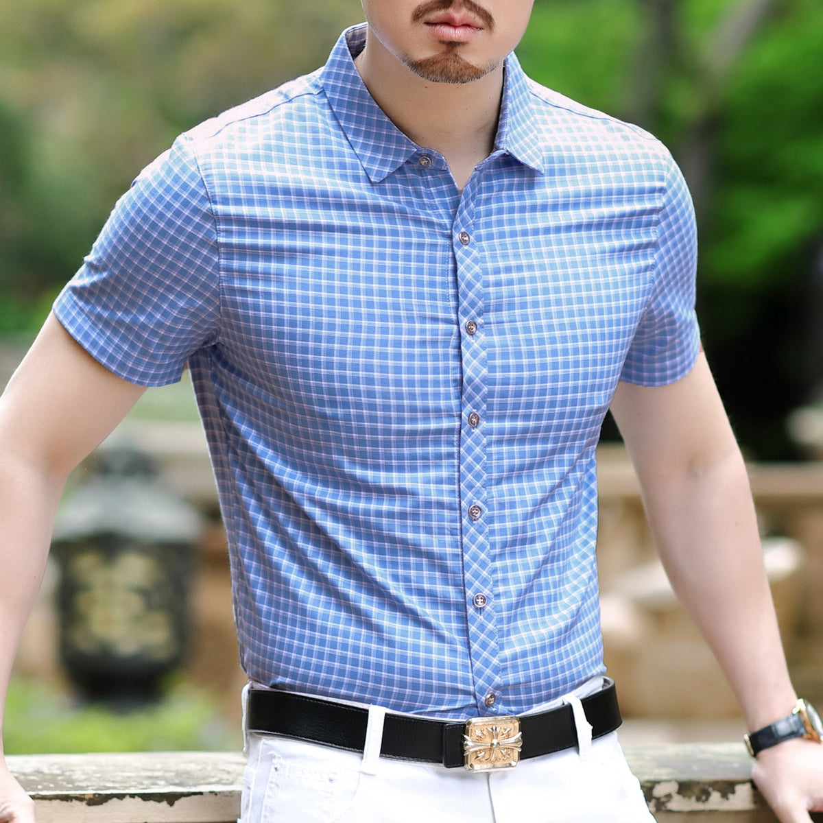 Pastel Color Short Sleeve Men Plaid Shirt – FanFreakz