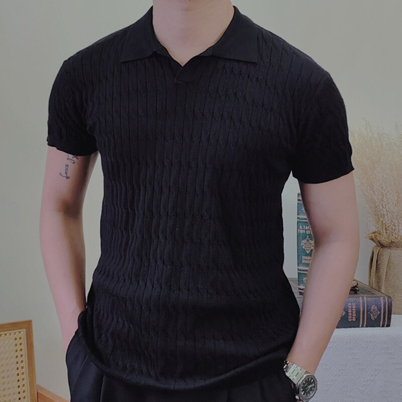 2023 British Slim Lapel Knitted Striped Casual Polo Shirt Summer