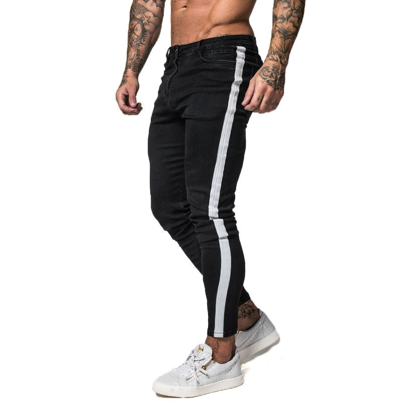 black jeans white stripe mens