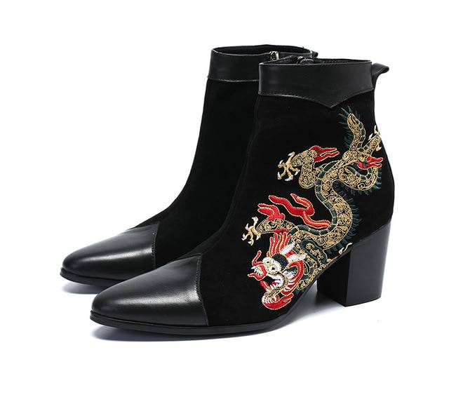 Suede Black with Dragon Embroidery Detail Men Boots