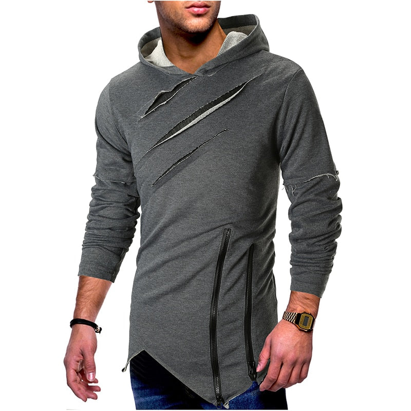 Chest Ripped Hooded Street Style Man Pullover Shirt - FanFreakz