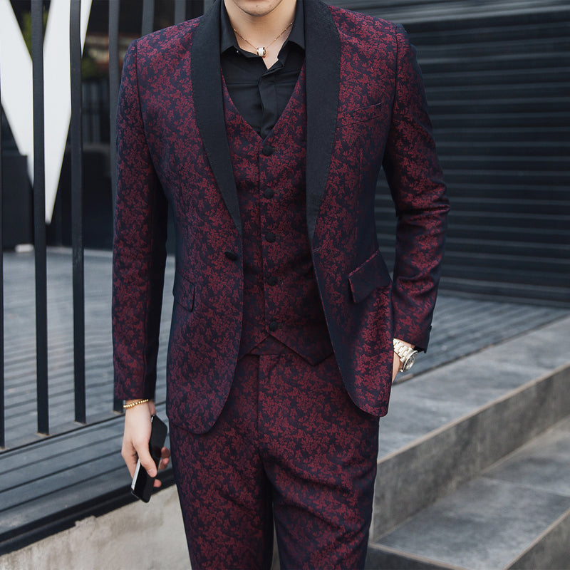Contrast Black Collar Wine Red Patterned Men Slim Fit Suit Set with Ve ...