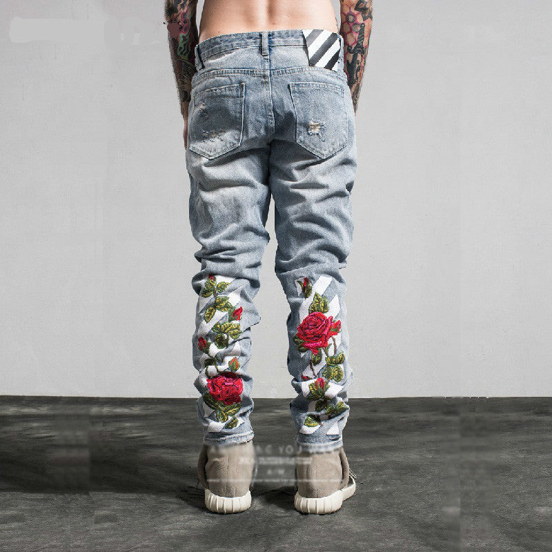 rose embroidered jeans mens